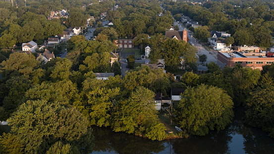 Riverside Residential neighborhood on Hampton River in Virginia in sunlight of early morning. Salters Creek drone point of view