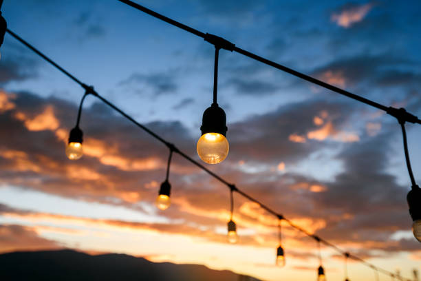 istock vintage light bulbs on string wire against sunset sky decor in outdoors wedding event party 2148550626