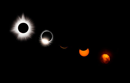 Sequence of sun's Corona solar flares during Totality, followed by DIamond Ring formation at 3rd Contact to the moon revealing a sliver of the sun progressing to 4th Contact   revealing the full sun now covered in swirling clouds during the 2024 Total Solar Eclipse, Evansville, Indiana