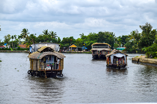 Alappuzha houseboats, also known as kettuvallams, are traditionally built cargo boats that have been transformed into luxurious floating cottages. They are a popular tourist attraction in Kerala, India, and offer a unique way to explore the state's scenic backwaters.

These houseboats are typically made of wood and have thatched roofs. They are decorated with colorful paintwork and carvings. Houseboats come in a variety of sizes, from small, one-bedroom boats to large, multi-bedroom vessels.  They typically have a living area, a kitchen, a bathroom, and one or more bedrooms. Some houseboats even have air conditioning and balconies.
