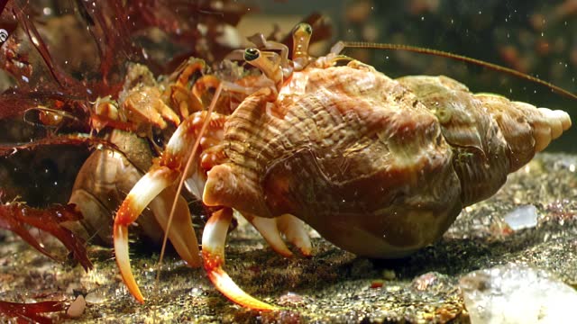 Crayfish cancer hermit behavior in underwater seafloor fauna of White Sea.