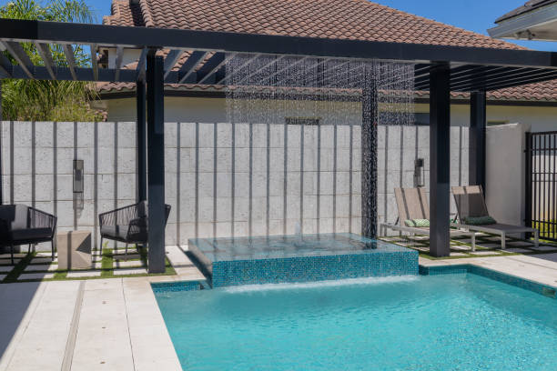 Close up swimming pool over sunny sky