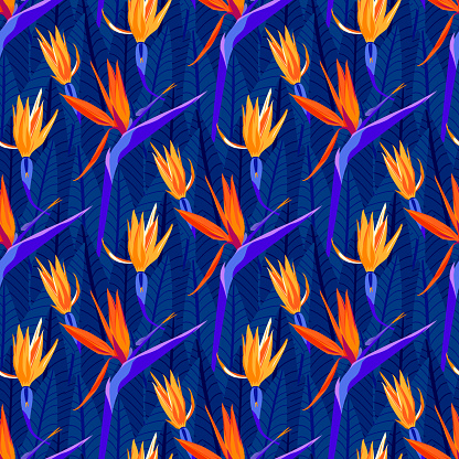 Tropical flower seamless pattern with modern yellow, orange color strelitzia, on blue leaves background, hand drawing illustration