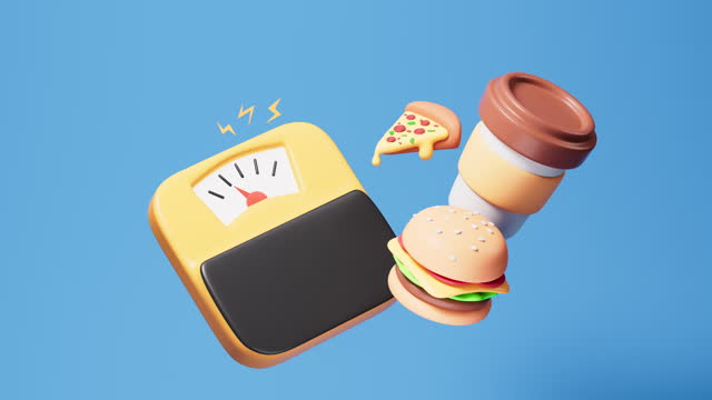 Cartoon weight scale, hamburger, pizza and coffee in the blue background, diet and health concept, 3d rendering.