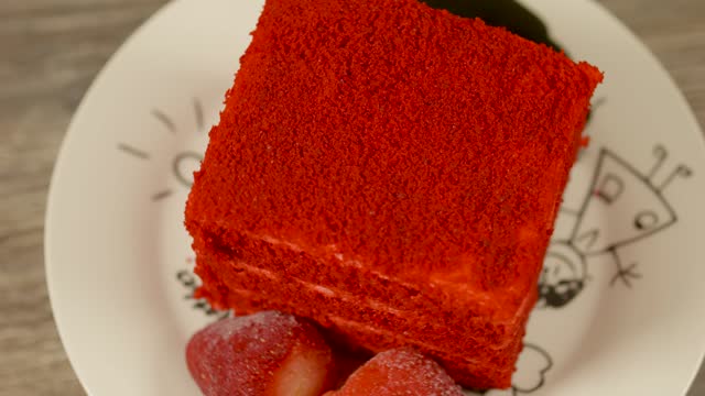Red velvet cake. Bright juicy colorful delicious traditional american dessert.