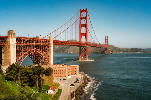 San Francisco, California, April 9, 2024.  Golden Gate Bridge spans the strait connecting San Francisco Bay and the Pacific Ocean.