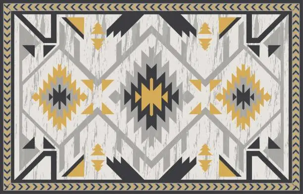 Vector illustration of The azure patterned rug has gray and yellow geometric inserts.