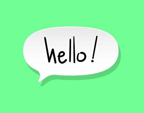 Vector illustration of a speech bubble or thought balloon with the word “hello” on it.