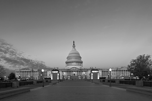 View of capitol Building in black and white at sunrise, Washington DC