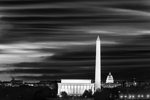 View of Capitol building, Washington Monument and Lincoln Memorial in black and white. Washington DC