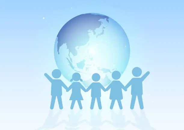 Vector illustration of Earth background with silhouettes of children holding hands