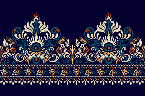 Arabesque Ikat floral pattern on navy blue background vector illustration.Ikat ethnic oriental embroidery.Aztec style,hand drawn,baroque.design for texture,fabric,clothing,wrapping,decoration,sarong.