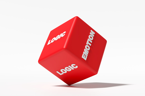 Red dice rolling with the logic vs emotion options. Decision making with logic or emotions. 3D render.