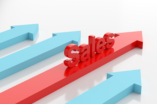 Rising sales. Increasing business marketing sales concept. Directional arrows on white with the word sales. 3D render.