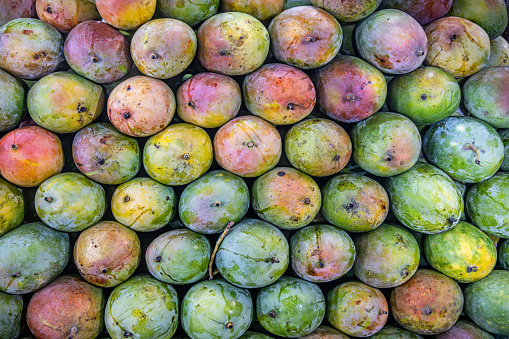 Decorative pile of mango fruits at a market stall at the famous food market in Berastagi in North Sumatra