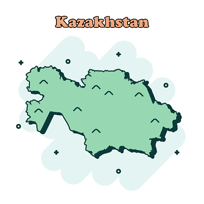 Kazakhstan cartoon colored map icon in comic style. Nation country sign illustration pictogram.