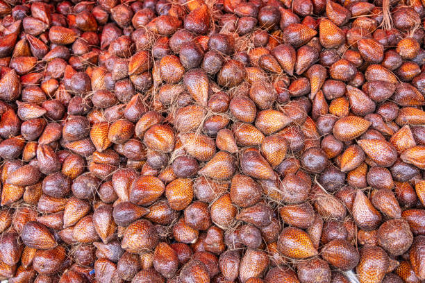 Salak or snake fruit for sale at a market stall at the famous food market in Berastagi in North Sumatra