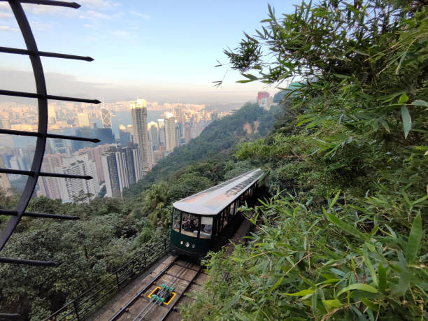 The iconic peak tram overlooking Hong Kong cityscape and Victoria Harbour, on the famous Victoria Peak.