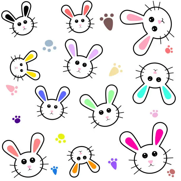 Vector illustration of Black lines, cute little rabbit, bright colors.