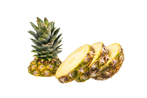 Cut pineapple stem and pineapple cross section. Ananas comosus isolated on white background
