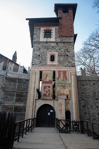 Turin, Italy. Valentino Park, medieval village, city park panorama.