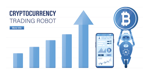Trading robot holds big bitcoin. AI help to mine or trade cryptocurrency in mobile app. Profitable robot helps investors make money online. Blockchain technology, growing crypto currency chart. vector