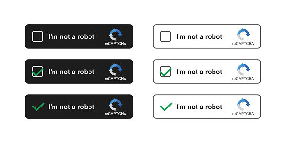 Various captcha icons. I am not a robot. Computer security code. Set of confirmed recaptcha. Im not robot button. Internet safety. Design template for website or application. flat vector illustration