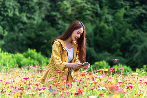 Lifestyle traveler women raise hand feeling good relax and cosmos farm in the sunrise morning. Travel and summer Concept