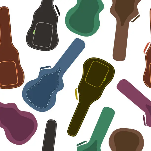 Vector illustration of Guitar cases seamless pattern. Multi-colored cases for musical instruments on a white background.