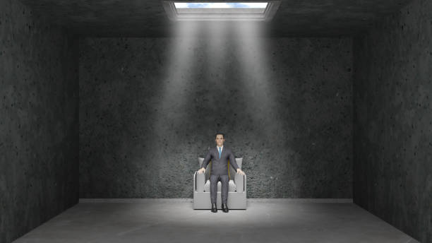 Man walking in futuristic brutalist city street. 3D generated image.