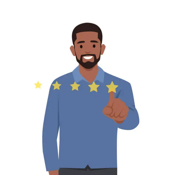 Vector illustration of Young smiling man character giving five star rating.