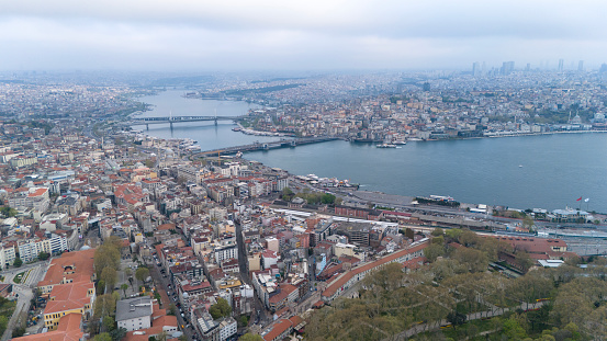 Aerial view of Istanbul, Turkey. Beautiful aerial view of Istanbul historic centre with Galata bridge, Sirkeci, Eminonu, Fatih District.