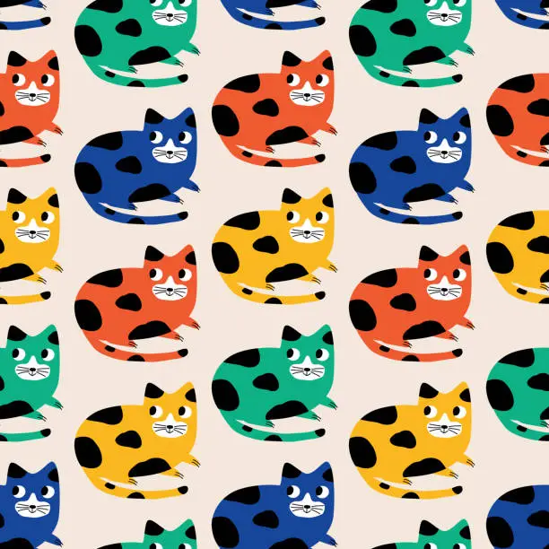 Vector illustration of Adorable cats hand drawn vector illustration. Funny colorful kittens seamless pattern for kids fabric or wallpaper.