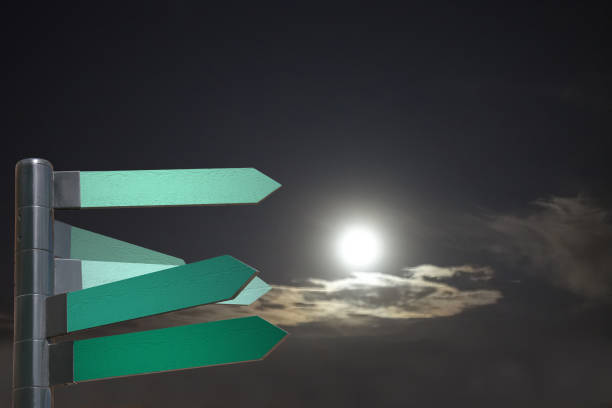 istock Directional arrows with text space on a night background of a sky lit by a full moon 2148579140