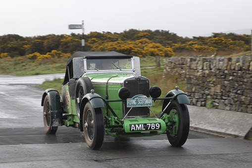 CALDBECK, ENGLAND - APRIL 13:  A 1934 Talbot AV105 leaves Caldbeck, Cumbria on April 13, 2024.  The car is taking part in the Flying Scotsman Rally, a free public-event.