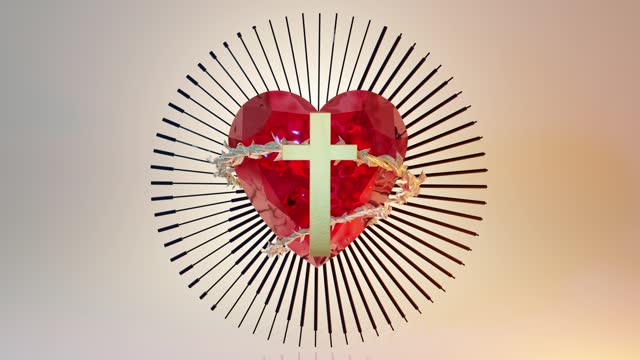 Heart with a christian golden cross in the middle. 3d animation