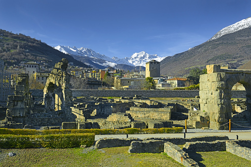 Aosta, Italy. Remains of Roman buildings in the old town of Aosta. On the Aosta has survived a number of important Roman monuments