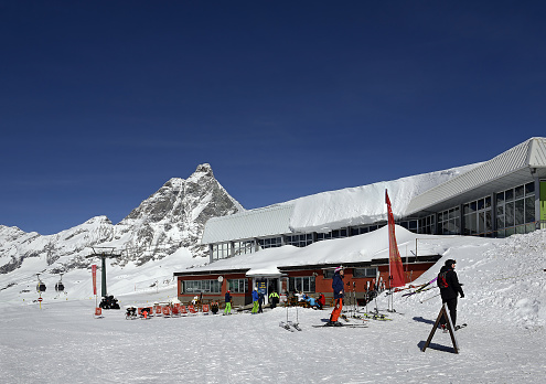 Breuil-Cervinia, Cime Bianche Laghi Ski Bar (2814 m). Skiing under the Matterhorn peak - Monte Cervino is one of the most beautiful in the Alps, Italy
