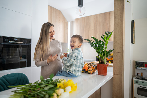 Beautiful pregnant mother and cute little son arranging flowers while standing in kitchen at home