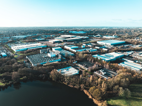 Drone view of Industry District in Bletchley, UK