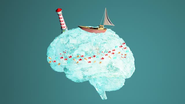 3D animation of brain with boat and lighthouse in studio