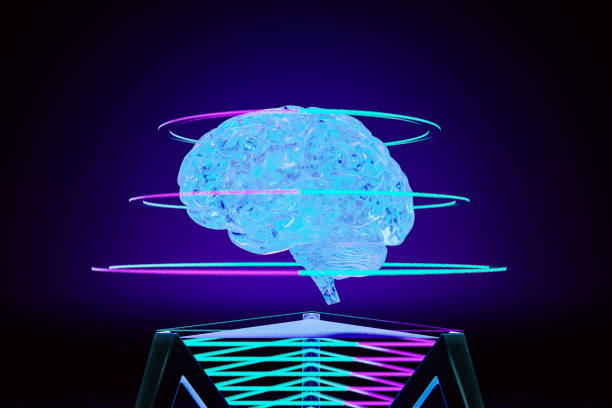 istock 3D illustration of brain with spiral lines over modern machine 2148581941