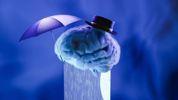 3d render illustration of brain with hat and umbrella, depression concept - protection insurance dark rain imagens e fotografias de stock