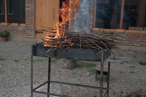 burning firewood. open fire on burning brushwood from grapevine. the vines will make good coals for shashlik (barbecue)