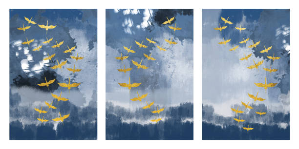 3d abstract marble wallpaper for wall decor. Drawing resin geode and art, functional art,  watercolor geode painting and golden birds on blue background