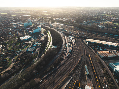 Aerial view of a railroad through at Bletchley in UK