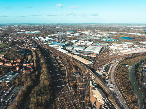 Aerial view of a railroad through at Bletchley in UK