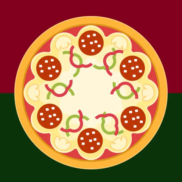 Vector illustration of Pepperoni pizza, top view flat vector illustration