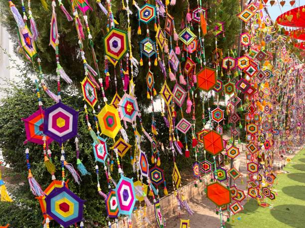 istock Colorful amulet made from yarn hanging in the temple 2148585033