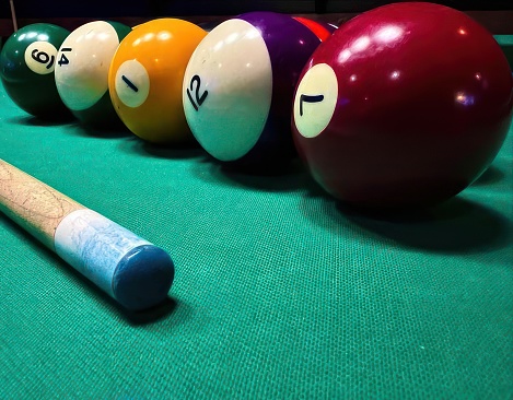 Close up of billiards on a pool table.
